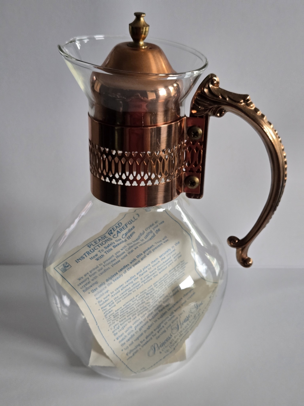 Vintage Princess House Heritage Glass & Copper Coffee Carafe #447 - Glass/Lid On